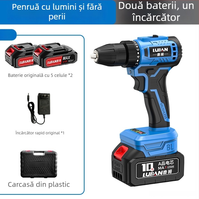 Ciocan cu șurubelniță fără fir Luban, fără perii, cu impact, mini, două viteze, mâner tip pistol, mandrină cu trei dinți, baterie litiu reîncărcabilă