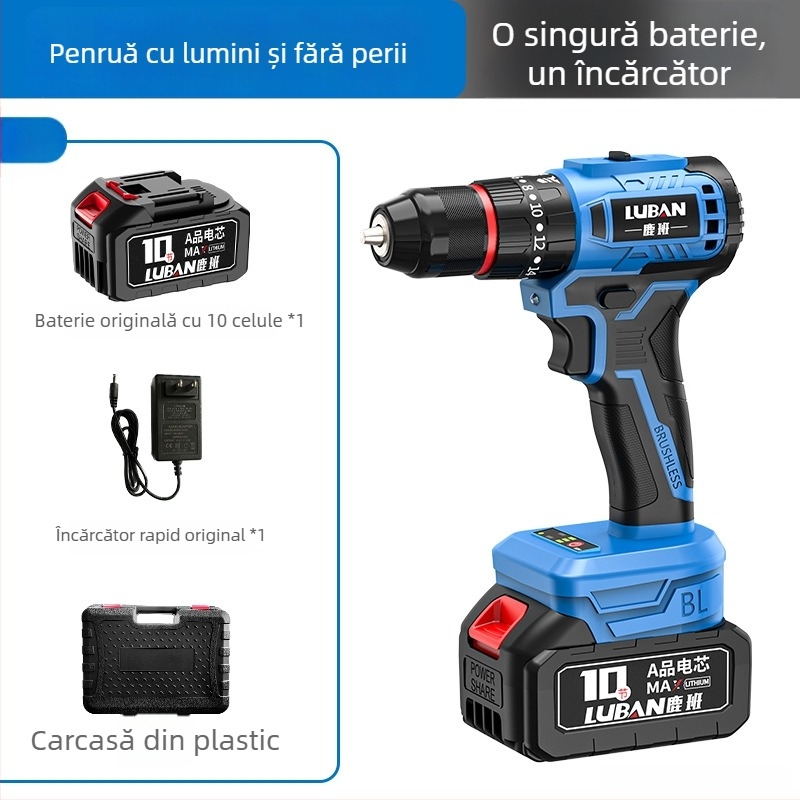 Ciocan cu șurubelniță fără fir Luban, fără perii, cu impact, mini, două viteze, mâner tip pistol, mandrină cu trei dinți, baterie litiu reîncărcabilă