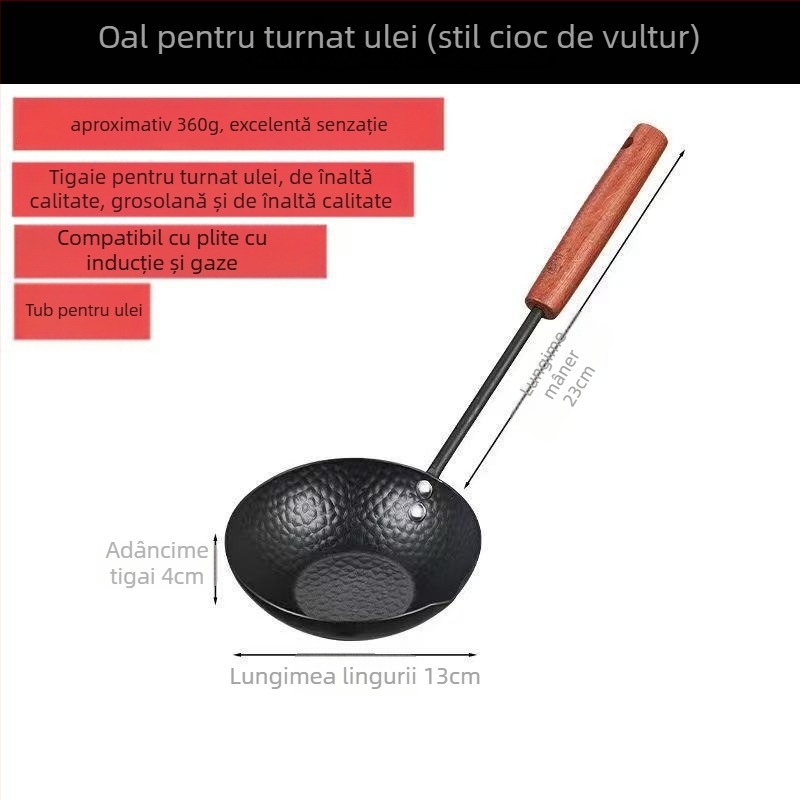 Vas de ulei din fontă, cu mâner, neacoperit, cu bază simplă, 360 g, potrivit pentru aragazuri generale