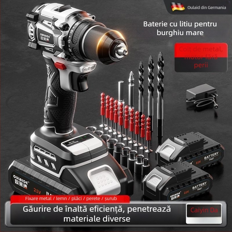 Bormașină portabilă fără perii, cu putere mare, alimentare duală (încărcare sau conectare la priză), baterie Li-ion reîncărcabilă și șurubelniță electrică multifuncțională