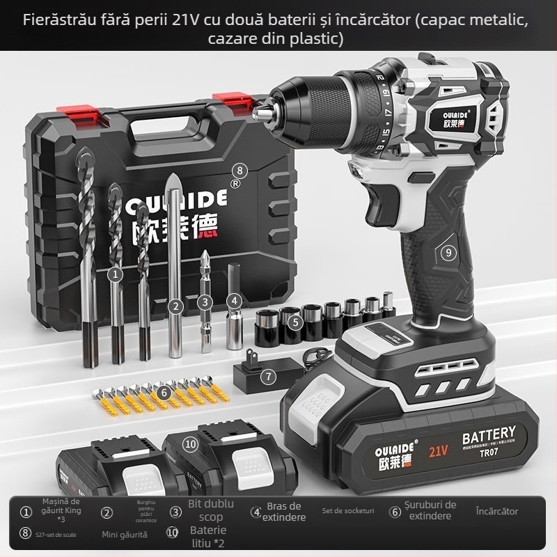 Bormașină portabilă fără perii, cu putere mare, alimentare duală (încărcare sau conectare la priză), baterie Li-ion reîncărcabilă și șurubelniță electrică multifuncțională