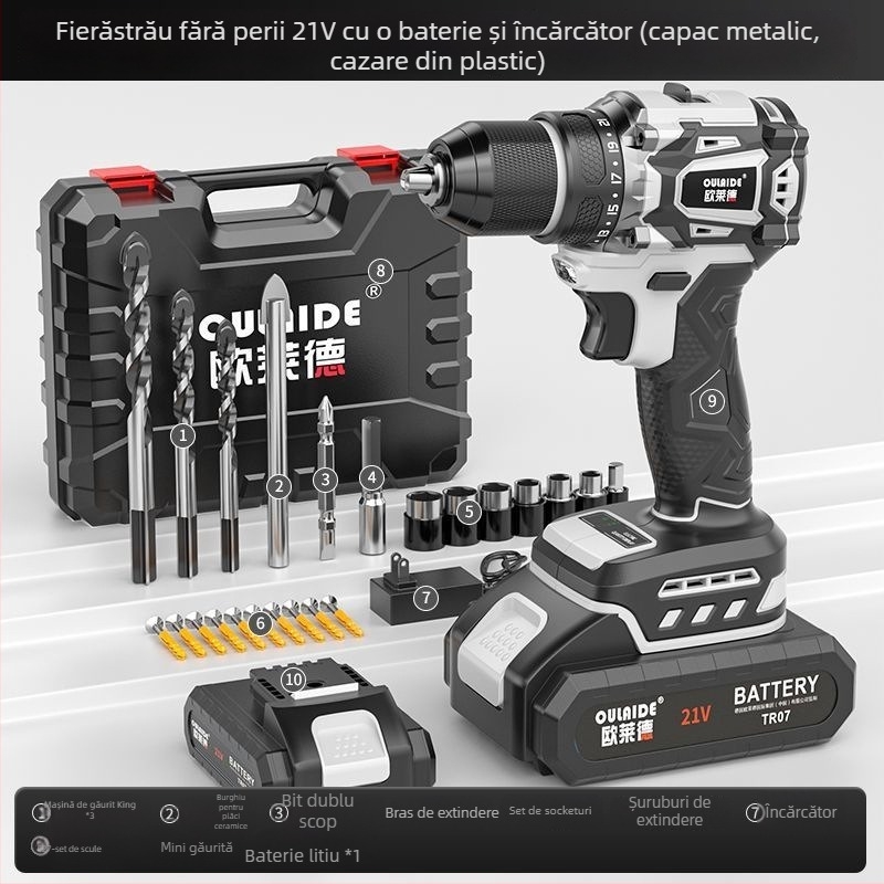 Bormașină portabilă fără perii, cu putere mare, alimentare duală (încărcare sau conectare la priză), baterie Li-ion reîncărcabilă și șurubelniță electrică multifuncțională