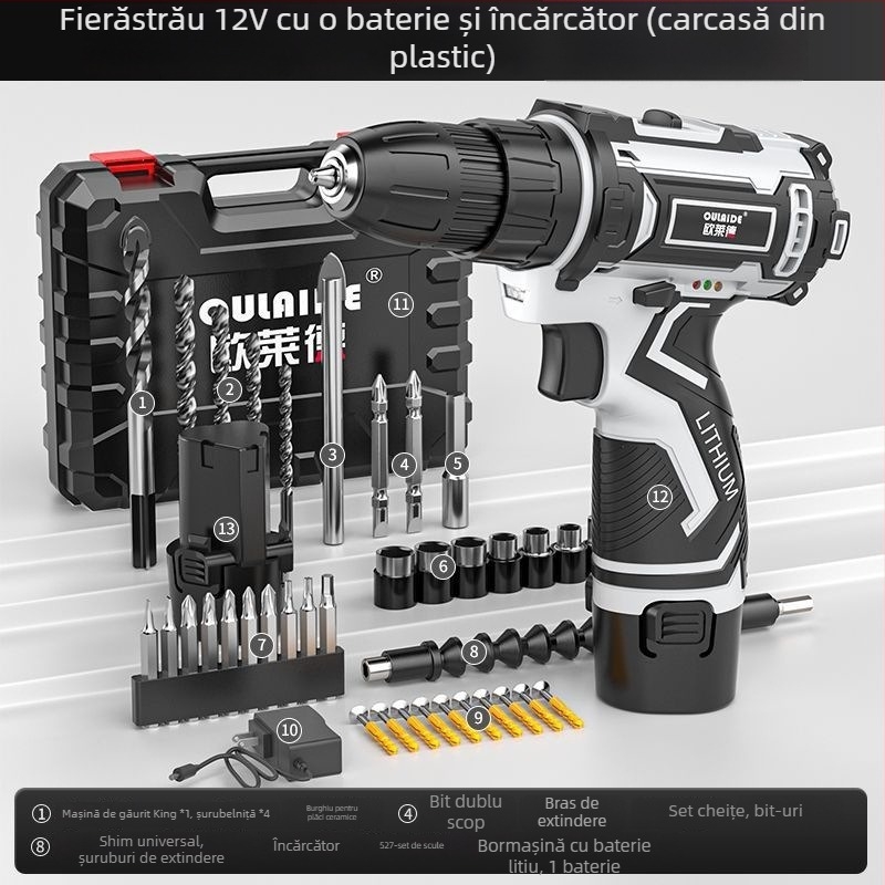 Bormașină portabilă fără perii, cu putere mare, alimentare duală (încărcare sau conectare la priză), baterie Li-ion reîncărcabilă și șurubelniță electrică multifuncțională