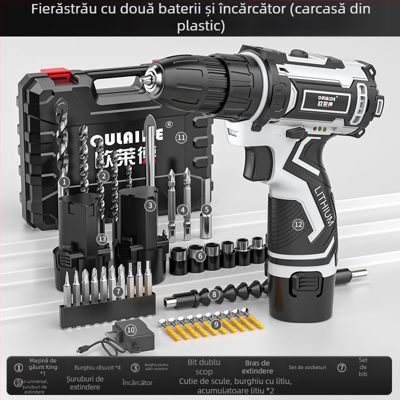 Bormașină portabilă fără perii, cu putere mare, alimentare duală (încărcare sau conectare la priză), baterie Li-ion reîncărcabilă și șurubelniță electrică multifuncțională