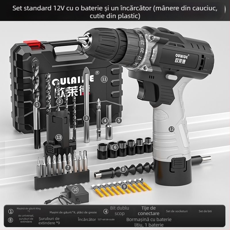 Bormașină portabilă fără perii, cu putere mare, alimentare duală (încărcare sau conectare la priză), baterie Li-ion reîncărcabilă și șurubelniță electrică multifuncțională