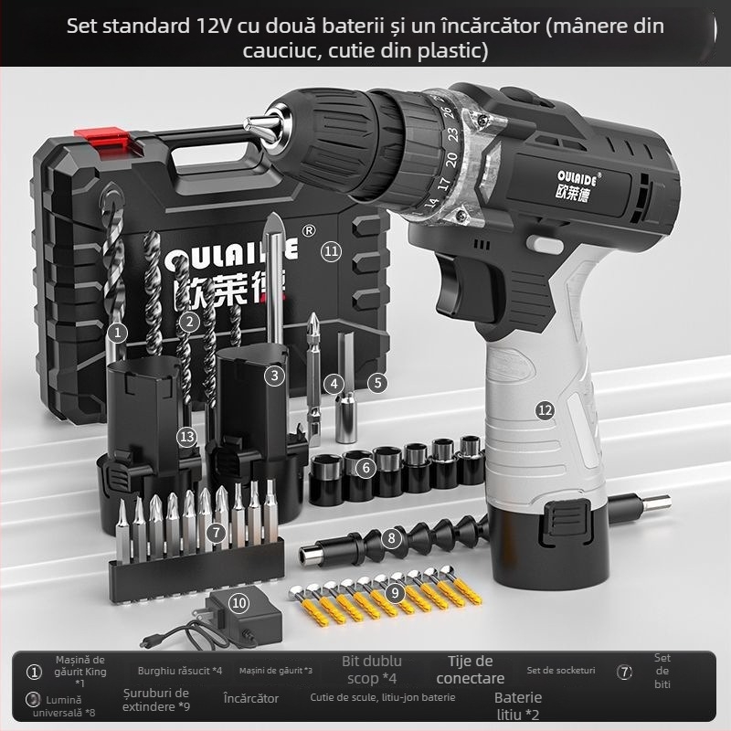 Bormașină portabilă fără perii, cu putere mare, alimentare duală (încărcare sau conectare la priză), baterie Li-ion reîncărcabilă și șurubelniță electrică multifuncțională