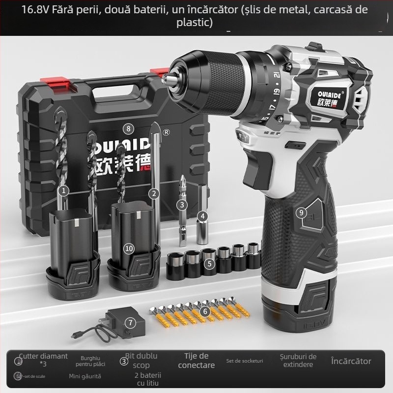 Bormașină portabilă fără perii, cu putere mare, alimentare duală (încărcare sau conectare la priză), baterie Li-ion reîncărcabilă și șurubelniță electrică multifuncțională
