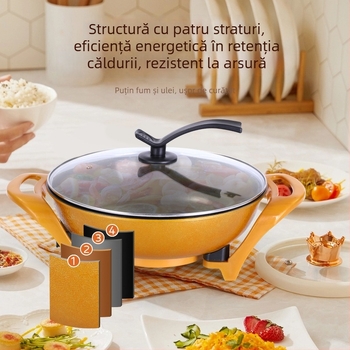 Oală electrică multifuncțională cu strat antiaderent, aliaj de aluminiu, 220V, 1360W, capac din sticlă, adâncime 9 cm, funcții: aburire, sotare, prăjire, fierbere, gătire