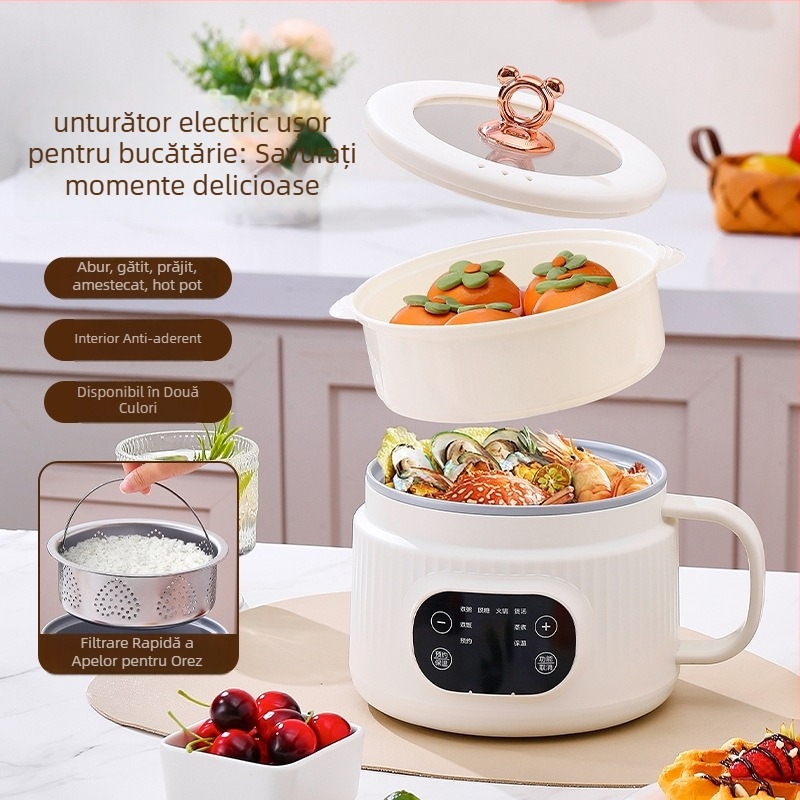 Fierbător electric multifuncțional cu coș de scurgere, design cu două straturi, vas interior ceramic glazurat, control cu microcomputer și butoane, programare și gătire la abur