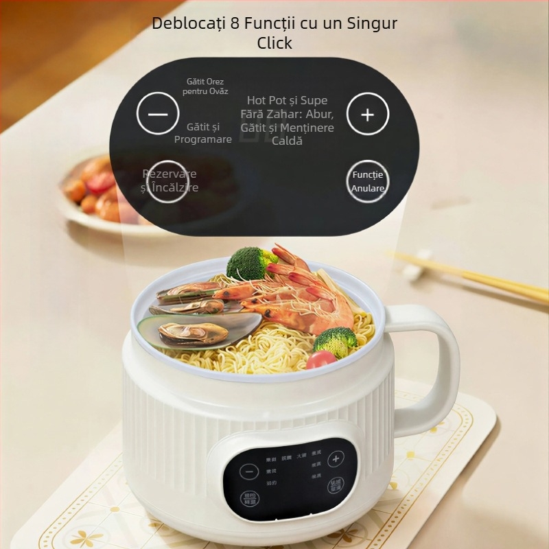 Fierbător electric multifuncțional cu coș de scurgere, design cu două straturi, vas interior ceramic glazurat, control cu microcomputer și butoane, programare și gătire la abur