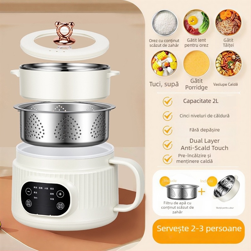 Fierbător electric multifuncțional cu coș de scurgere, design cu două straturi, vas interior ceramic glazurat, control cu microcomputer și butoane, programare și gătire la abur