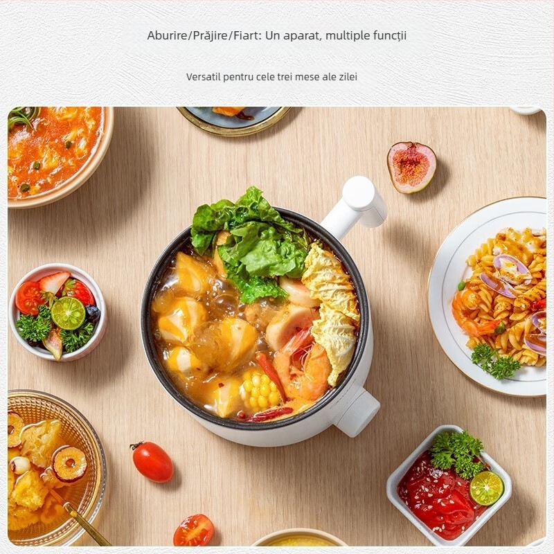 Oală electrică de gătit cu funcții grill și shabu-shabu; capacitate până la 2 L; vas interior cu strat antiaderent; control prin buton; potrivită pentru cămine studențești