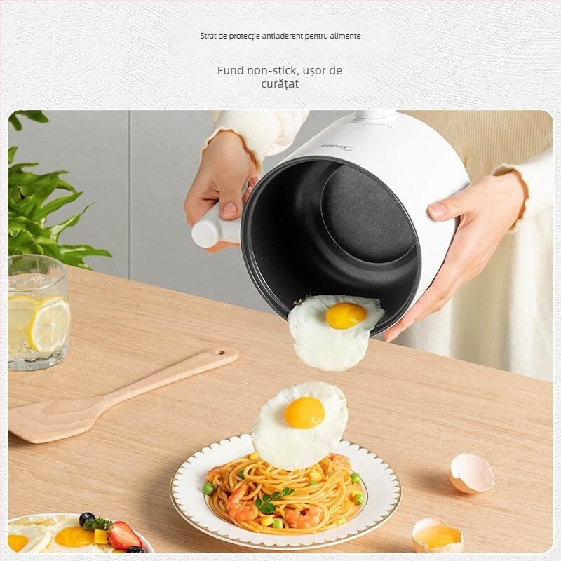 Oală electrică de gătit cu funcții grill și shabu-shabu; capacitate până la 2 L; vas interior cu strat antiaderent; control prin buton; potrivită pentru cămine studențești