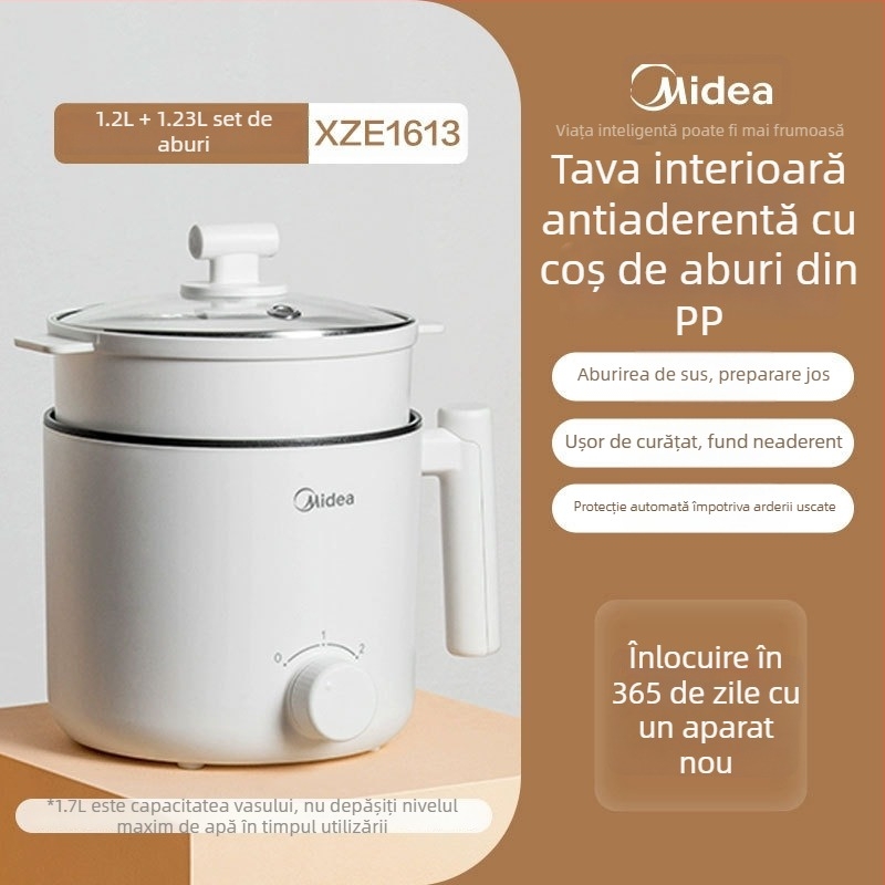 Oală electrică de gătit cu funcții grill și shabu-shabu; capacitate până la 2 L; vas interior cu strat antiaderent; control prin buton; potrivită pentru cămine studențești