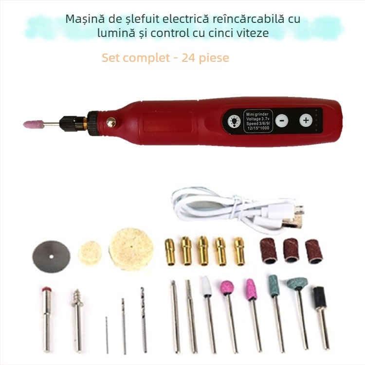 173 Freză Electrică Micro – Mașină All-in-One pentru șlefuire și lustruire de jad pentru sculptură în lemn și DIY; baterie Li-ion reîncărcabilă 3,7V; 5 viteze; 173 accesorii; cablu 0,6 m; greutate netă 0,42 kg
