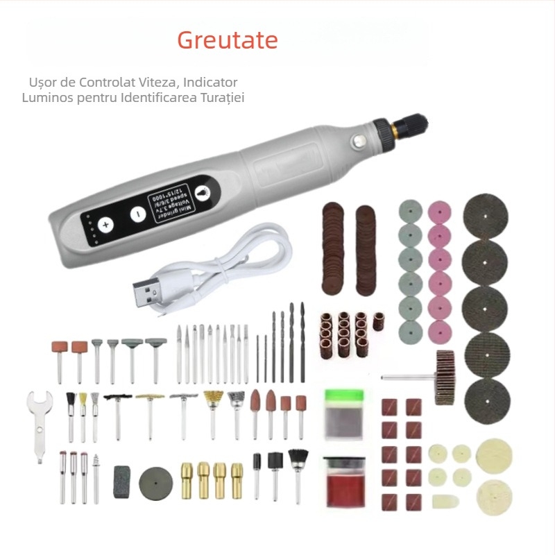 173 Freză Electrică Micro – Mașină All-in-One pentru șlefuire și lustruire de jad pentru sculptură în lemn și DIY; baterie Li-ion reîncărcabilă 3,7V; 5 viteze; 173 accesorii; cablu 0,6 m; greutate netă 0,42 kg