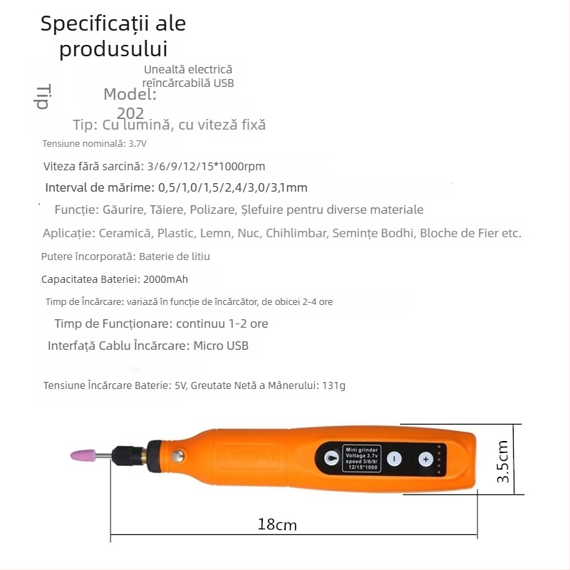 173 Freză Electrică Micro – Mașină All-in-One pentru șlefuire și lustruire de jad pentru sculptură în lemn și DIY; baterie Li-ion reîncărcabilă 3,7V; 5 viteze; 173 accesorii; cablu 0,6 m; greutate netă 0,42 kg