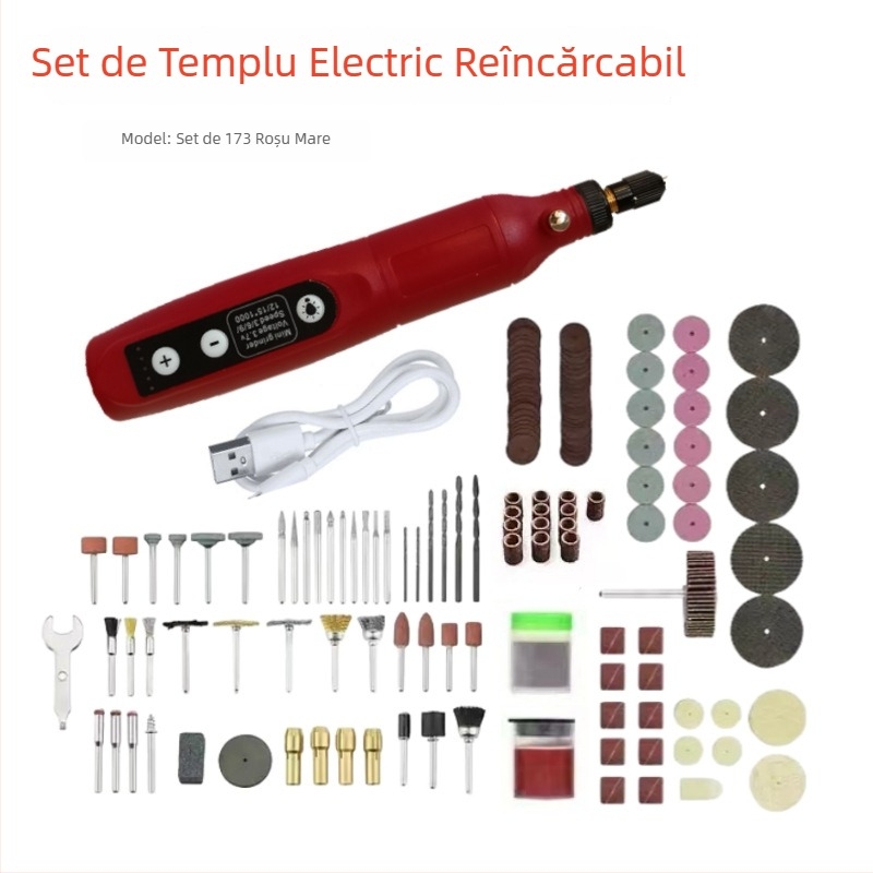173 Freză Electrică Micro – Mașină All-in-One pentru șlefuire și lustruire de jad pentru sculptură în lemn și DIY; baterie Li-ion reîncărcabilă 3,7V; 5 viteze; 173 accesorii; cablu 0,6 m; greutate netă 0,42 kg