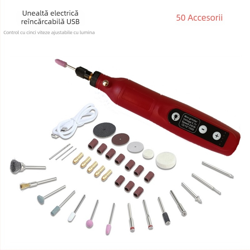 173 Freză Electrică Micro – Mașină All-in-One pentru șlefuire și lustruire de jad pentru sculptură în lemn și DIY; baterie Li-ion reîncărcabilă 3,7V; 5 viteze; 173 accesorii; cablu 0,6 m; greutate netă 0,42 kg