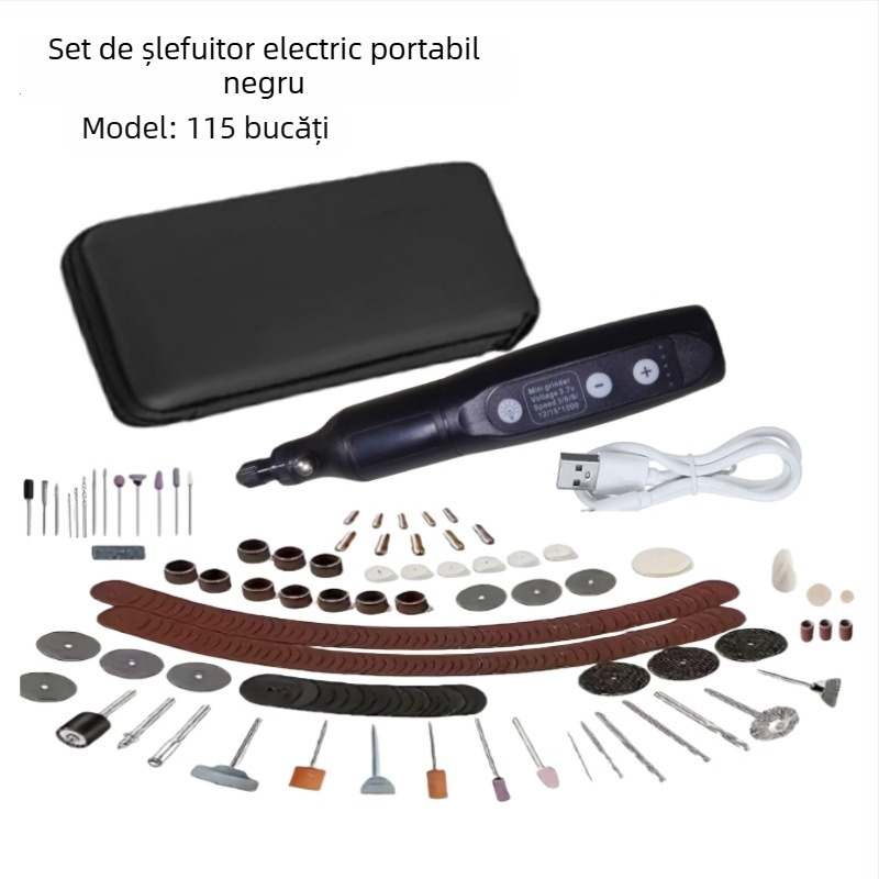 173 Freză Electrică Micro – Mașină All-in-One pentru șlefuire și lustruire de jad pentru sculptură în lemn și DIY; baterie Li-ion reîncărcabilă 3,7V; 5 viteze; 173 accesorii; cablu 0,6 m; greutate netă 0,42 kg