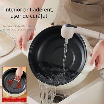Oală electrică multifuncțională cu abur și wok încorporat, încălzire pe bază, capacitate 2,1–4 L, pentru 4–5 persoane, vas interior ceramic, control mecanic