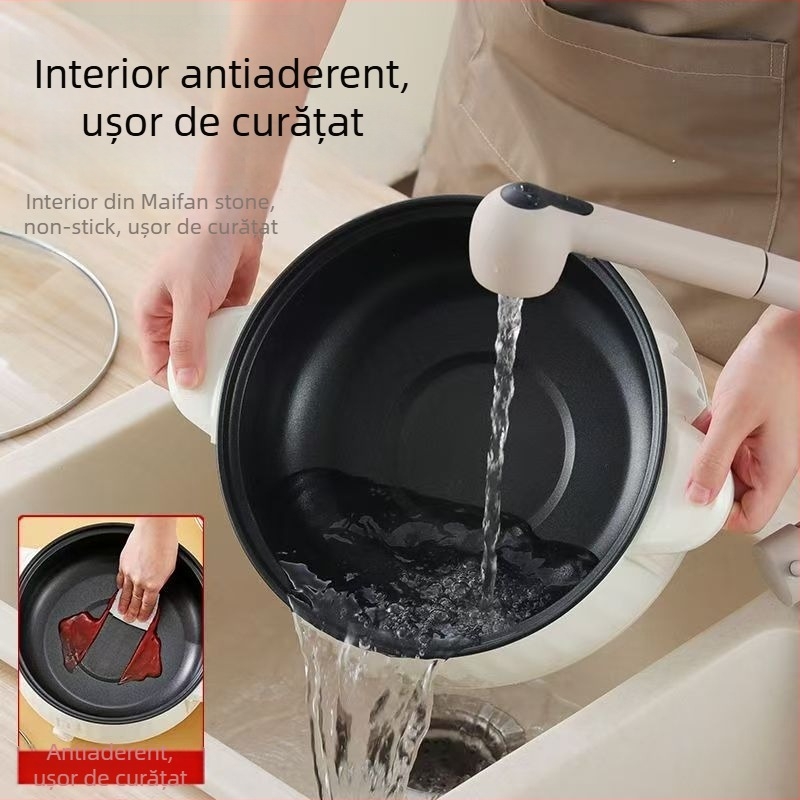 Oală electrică multifuncțională cu abur și wok încorporat, încălzire pe bază, capacitate 2,1–4 L, pentru 4–5 persoane, vas interior ceramic, control mecanic