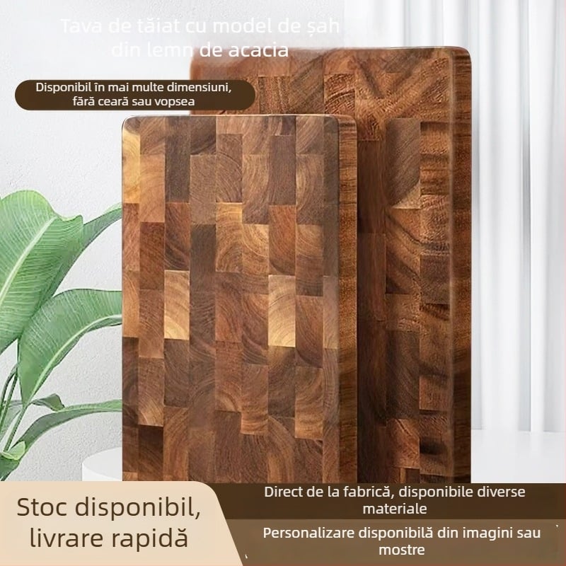 Placă de tăiat din lemn masiv cu model pătrat din lemn de acacie, design geometric, portabilă, antibacteriană pentru uz casnic