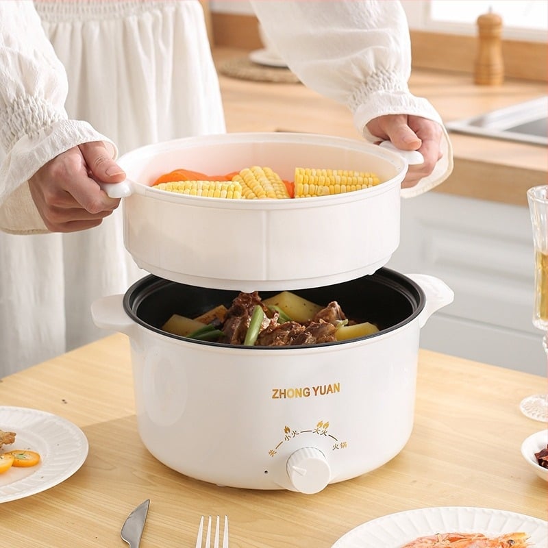 Oală electrică multifuncțională cu capacitate mare, 800W, 3–4 L, interior din oțel inoxidabil, funcții: aburi, prăjit, fierbere, gătire înăbuire, hot pot