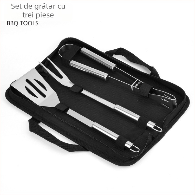 Junfeng Set BBQ din oțel inoxidabil, 3 piese, cu clemă, furculă și lopată, în geantă din nailon Oxford
