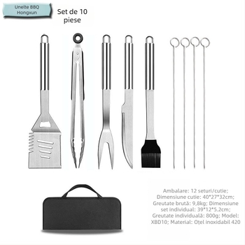 Set unelte pentru grătar din oțel inoxidabil, 10 piese, cu componente din silicon, include cuțit, clemă, furculiță, lopată și altele, în geantă textilă