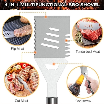 Set unelte pentru grătar din oțel inoxidabil, 10 piese, cu componente din silicon, include cuțit, clemă, furculiță, lopată și altele, în geantă textilă