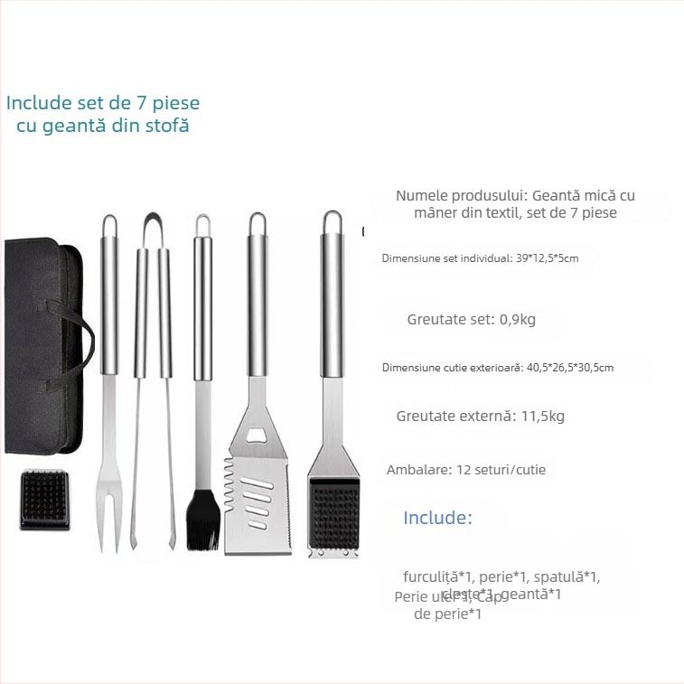 Set unelte pentru grătar din oțel inoxidabil, 10 piese, cu componente din silicon, include cuțit, clemă, furculiță, lopată și altele, în geantă textilă
