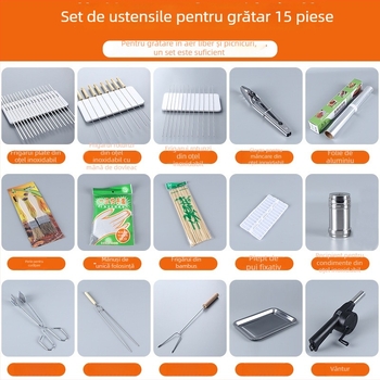 Set de unelte BBQ cu mănuși, farfurie, plasă, clemă, perie, semn și grătar; Materiale: oțel inoxidabil, bambus, fier, păr de perie, PP; Cutie: 50 buc; Model: 22050636117