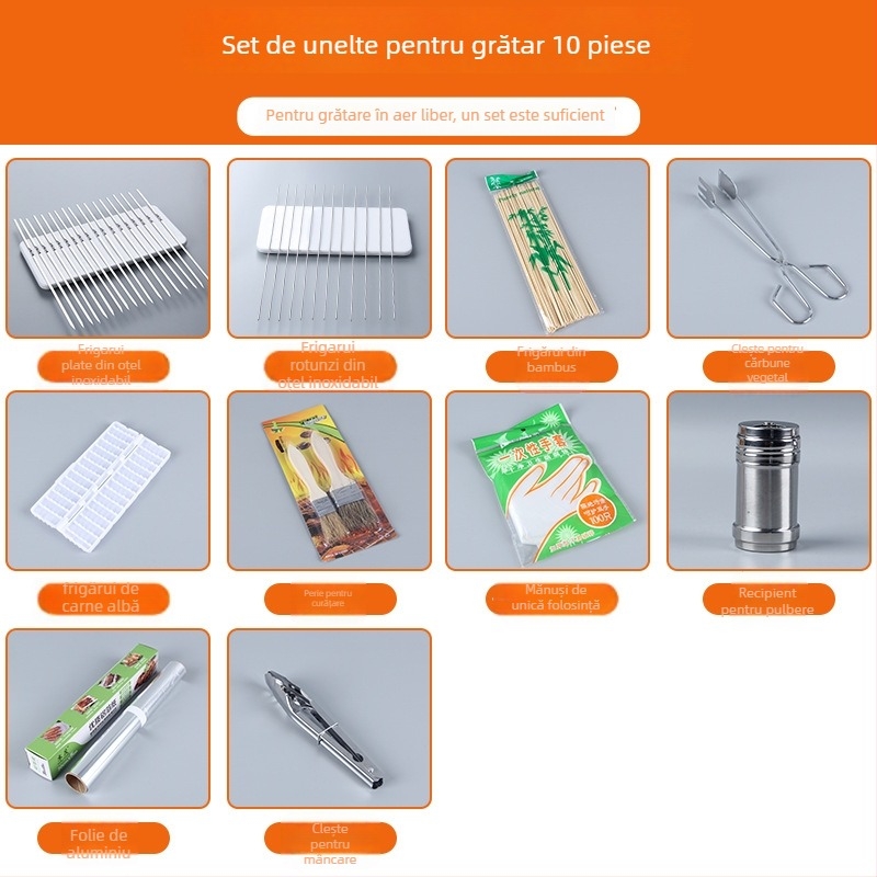 Set de unelte BBQ cu mănuși, farfurie, plasă, clemă, perie, semn și grătar; Materiale: oțel inoxidabil, bambus, fier, păr de perie, PP; Cutie: 50 buc; Model: 22050636117