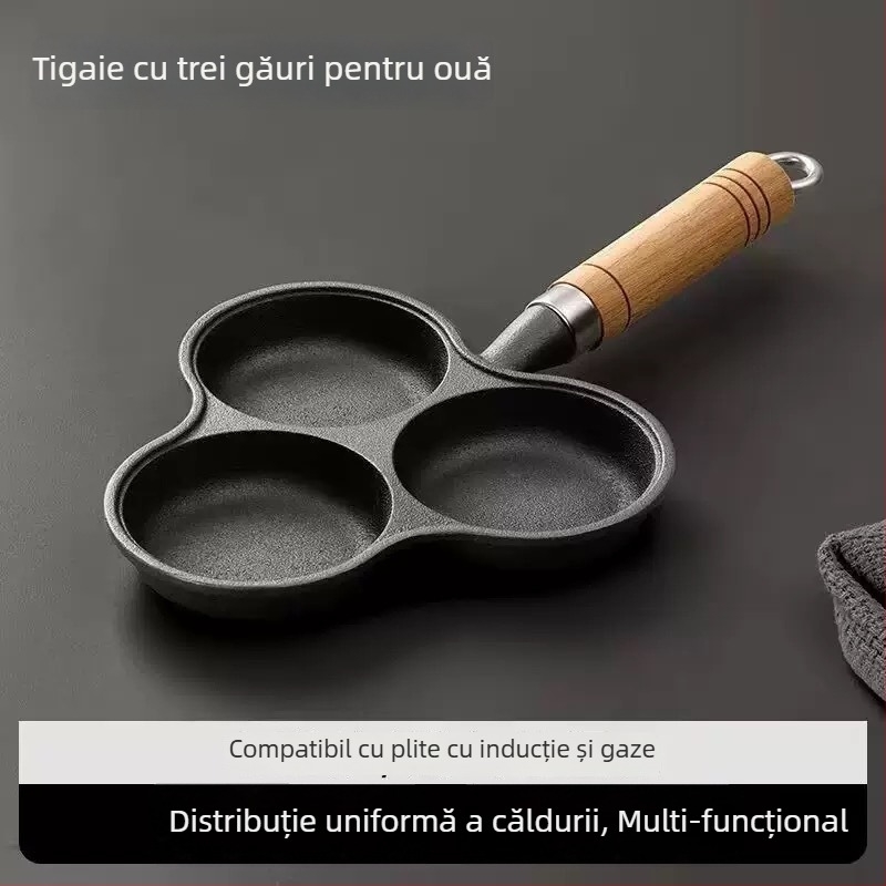 Tigaie pentru ouă cu patru găuri – fontă, antiaderent, compatibil gaz și inducție, pentru ouă dumplings și mini clătite