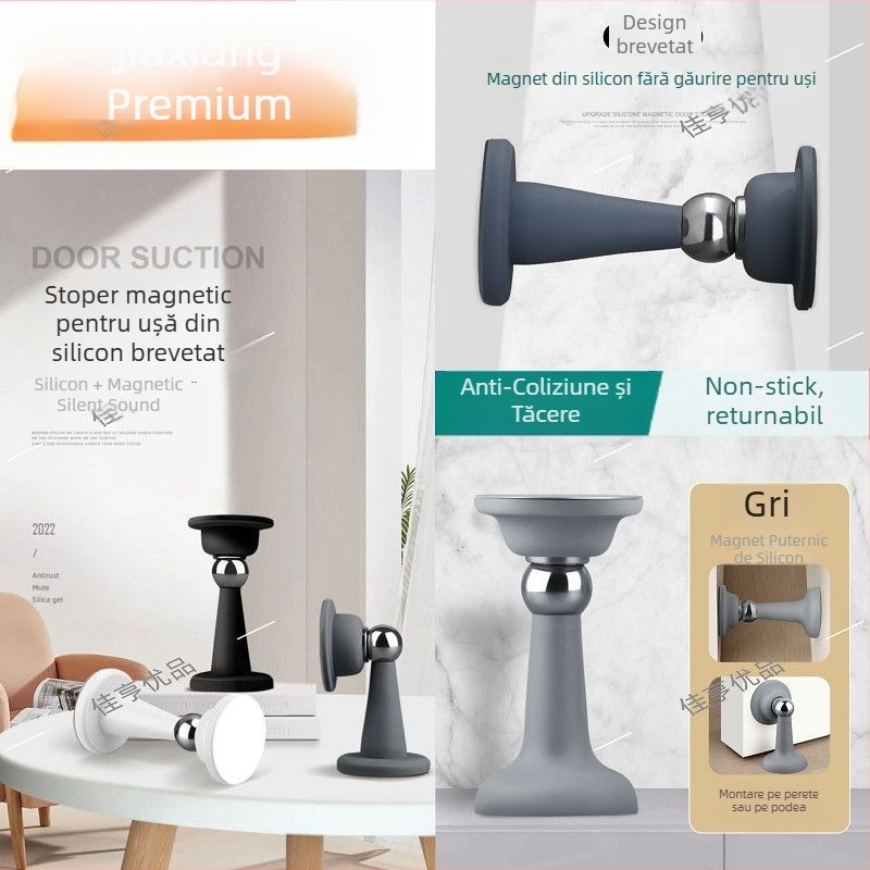 Stop de ușă magnetic – fără găurire, dual-funcție, din silicon, pentru uși din lemn, protecție împotriva coliziunilor