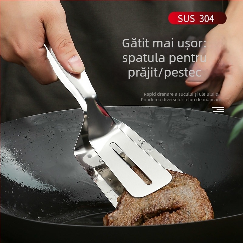 Spatulă-clips dublu scop pentru alimente – 304 oțel inoxidabil, rezistență la temperaturi înalte, protecție împotriva arderii, mâner din oțel inoxidabil și silicon