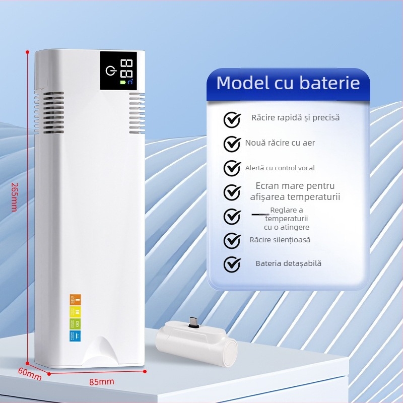 Frigider auto cu semiconductori, capacitate până la 5 L, greutate 1 kg, 12 W, alimentare 5 V, temperatură de lucru 0–18 °C