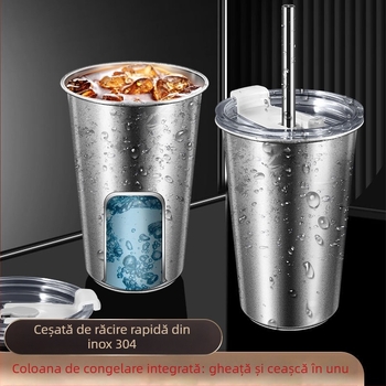 Ceșuță din oțel inoxidabil 304 cu pai din oțel, capac PP + gel de silice, cutie de depozitare PP — portabilă pentru congelare rapidă a băuturilor