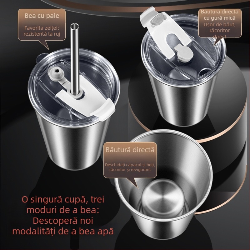 Ceșuță din oțel inoxidabil 304 cu pai din oțel, capac PP + gel de silice, cutie de depozitare PP — portabilă pentru congelare rapidă a băuturilor