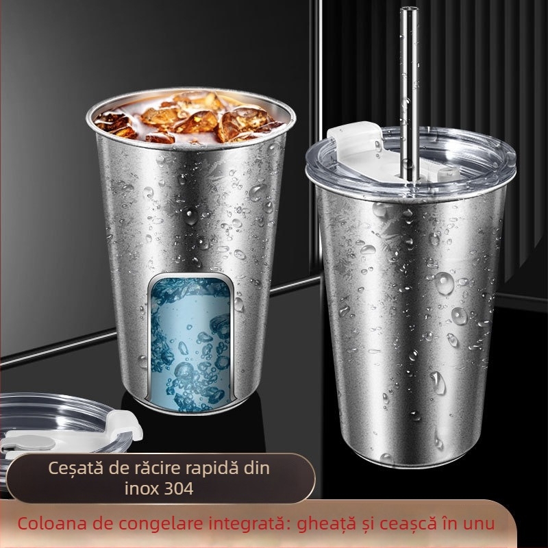 Ceșuță din oțel inoxidabil 304 cu pai din oțel, capac PP + gel de silice, cutie de depozitare PP — portabilă pentru congelare rapidă a băuturilor