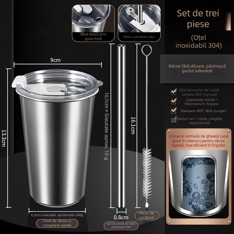 Ceșuță din oțel inoxidabil 304 cu pai din oțel, capac PP + gel de silice, cutie de depozitare PP — portabilă pentru congelare rapidă a băuturilor