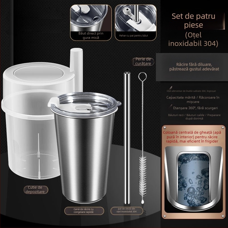 Ceșuță din oțel inoxidabil 304 cu pai din oțel, capac PP + gel de silice, cutie de depozitare PP — portabilă pentru congelare rapidă a băuturilor