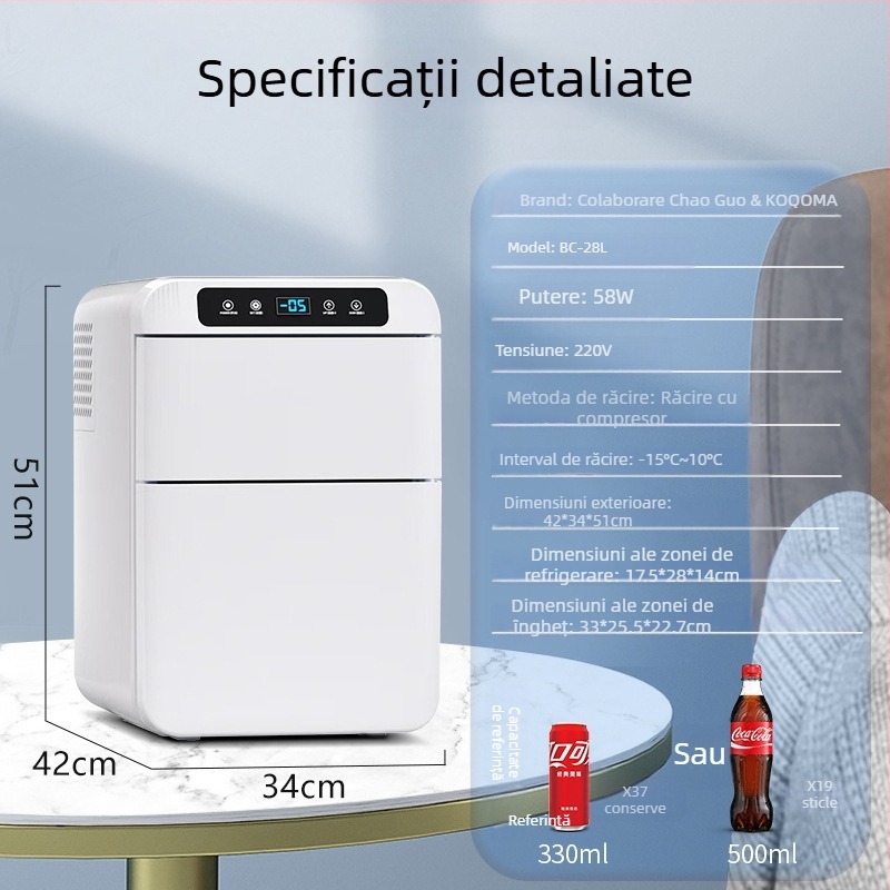 KOQOMA frigider auto cu compresor, 12V/24V universal, capacitate 20L+, 48-75W, răcește până la 0°C