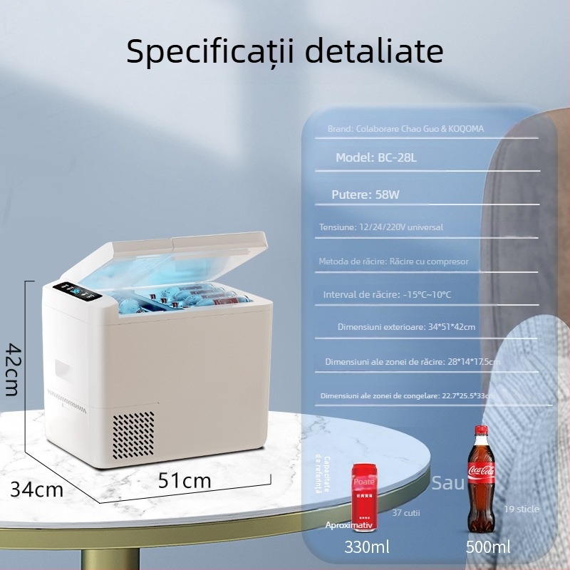 KOQOMA frigider auto cu compresor, 12V/24V universal, capacitate 20L+, 48-75W, răcește până la 0°C