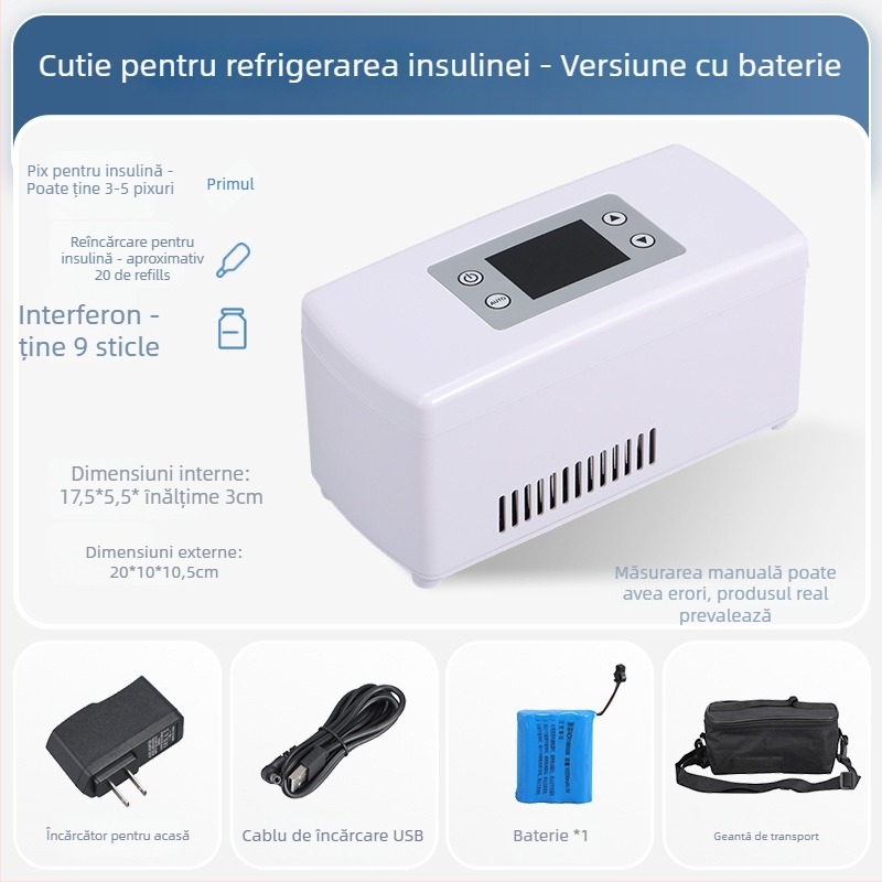Mini frigider auto pentru insulină, capacitate până la 5 L, 15W, 12V/220V, interval de temperatură 2-18°C