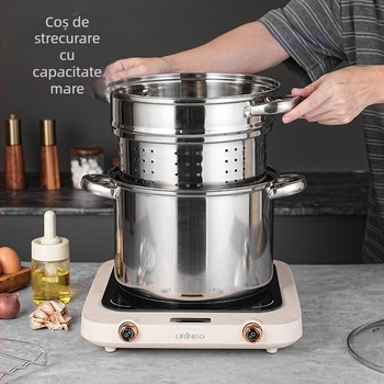 Oală multifuncțională pentru paste cu abur dublu, din oțel inoxidabil, capac din sticlă, model GC5484