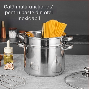 Oală multifuncțională pentru paste cu abur dublu, din oțel inoxidabil, capac din sticlă, model GC5484