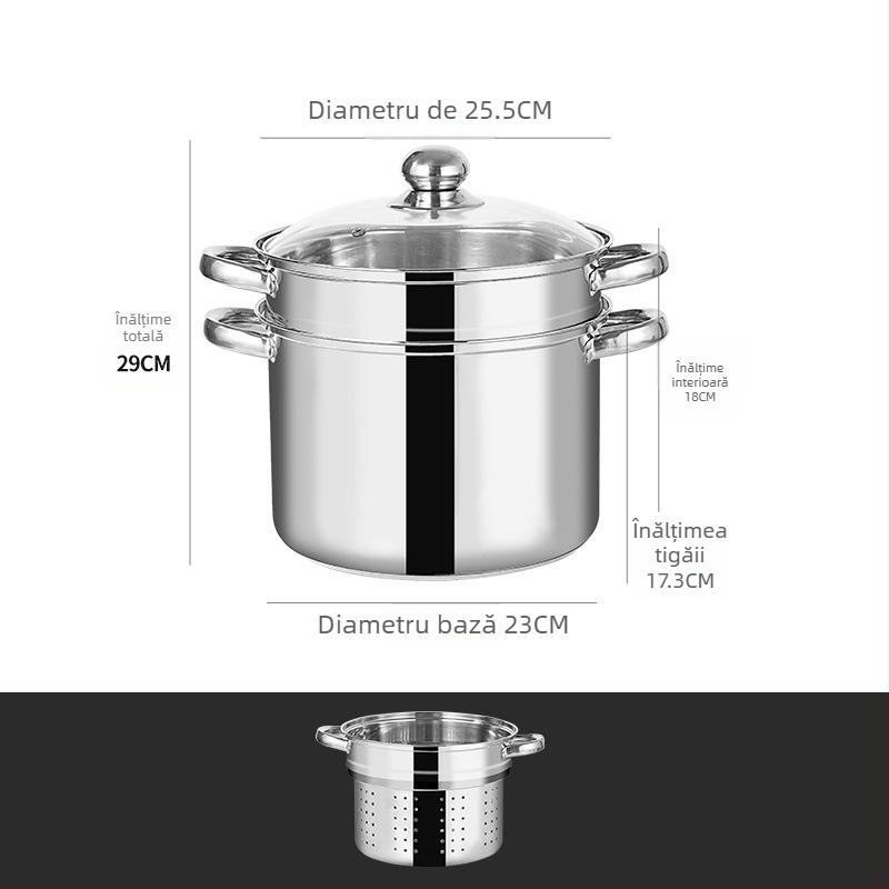 Oală multifuncțională pentru paste cu abur dublu, din oțel inoxidabil, capac din sticlă, model GC5484