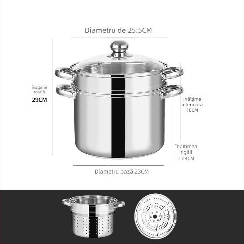 Oală multifuncțională pentru paste cu abur dublu, din oțel inoxidabil, capac din sticlă, model GC5484